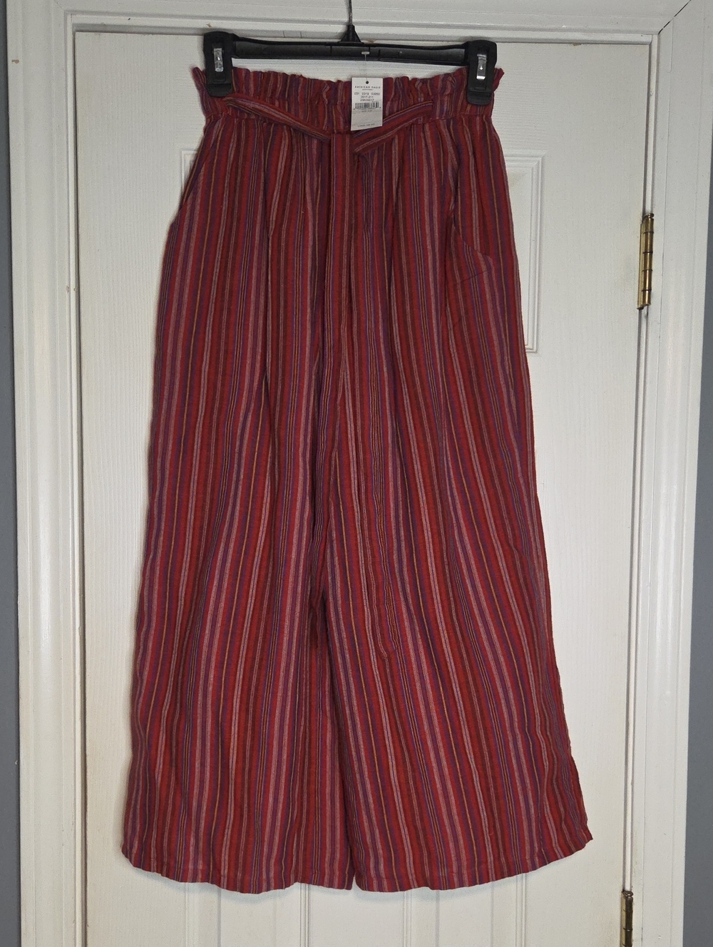 American Eagle Outfitters Red Multi-Stripe Cropped Wide-Leg Pants Linen Blend